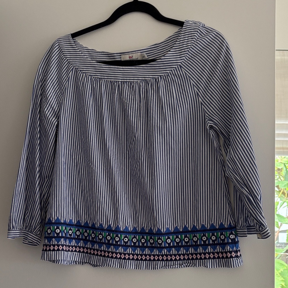 Vineyard Vines Blue and White Striped Blouse with Embroidered Hem